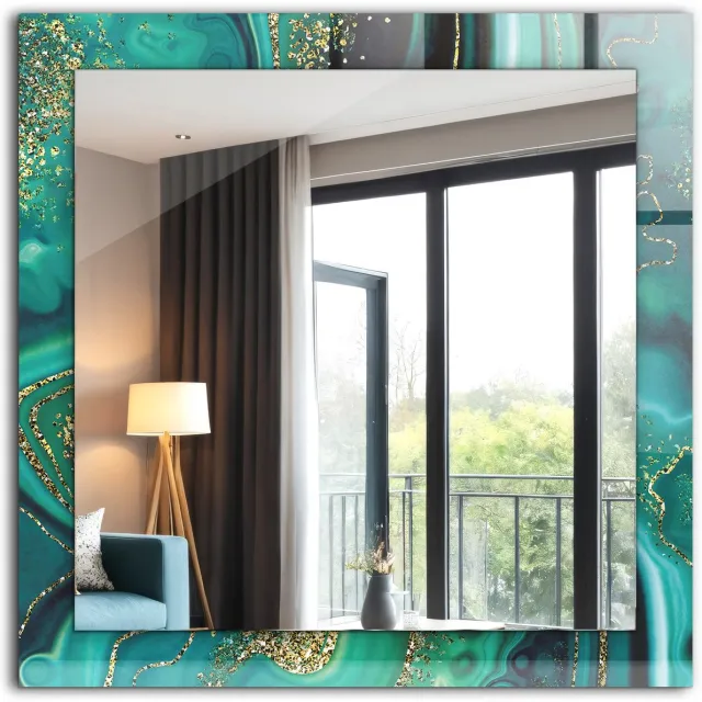 TULUP Spiegel - Spiegel op gehard Glas - Vierkante Spiegel - Abstract groene textuur - 60 x 60 cm - Stijlvolle spiegel met grafisch motief - Slaapkamerspiegel - Badkamerspiegel - Gang - Kleedkamer - Make-up Spiegel - Luxe Spiegel - Ophangsysteem