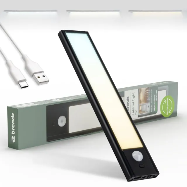 Brendz LED Kastverlichting met bewegingssensor, 20 cm, USB-C Oplaadbaar, Dimbaar, Magnetisch, 3 Kleurtemperaturen, Draadloos, Kastverlichting op Batterij, Zwart Zwart - 20 cm