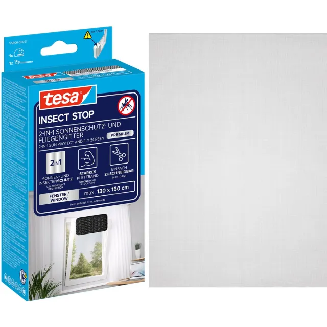 Tesa INSECT STOP 2-in-1 Sun Protect and Fly Screen Premium for Windows - hor met zonbescherming, zonder boren, antraciet-metallic - 130 x 150 cm zwart