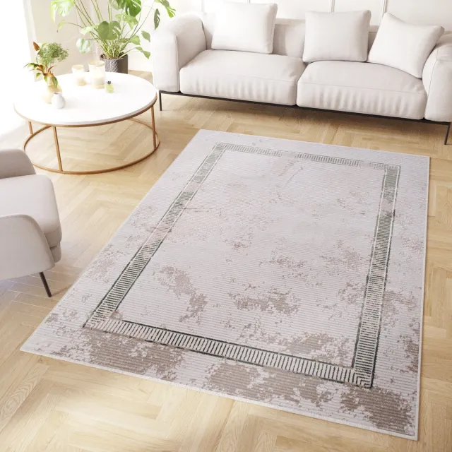 Tapiso Crystal Vloerkleed Grijs Laagpolig Frame Modern Tapijt Licht Groen 2