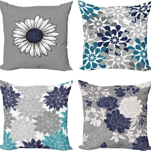 New Bed Bloemrijk Bloemblaadjes in Moderne Kleurenpalet Koele Tinten Kussenhoes met sierkussen, 4-pack, modern accent, dubbelzijdig digitaal bedrukt, 50 cm x 50 cm Grijs Marineblauw