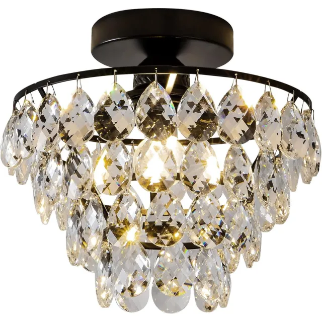 KZQ Moderne Kleine Kristal Plafonnier - Mat Zwart Semi Flush Mount - Mini Kristal Kroonluchter Voor Hal Slaapkamer Badkamer Kast En Foyer