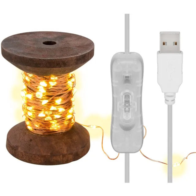 goobay LED-lichtketting "Garenklos", klein, met 3 m USB-kabel, warmwitte micro-LED's op de spoelbasis of gedecoreerd als lichtsnoer, kleur donkerbruin