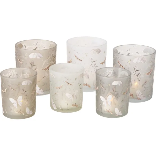 Rawa Geschenken theelichthouders set vlinder - glaswaxinelichthouders - 8 en 10 cm hoog - creme willekeurige set van 2 kaarshouders