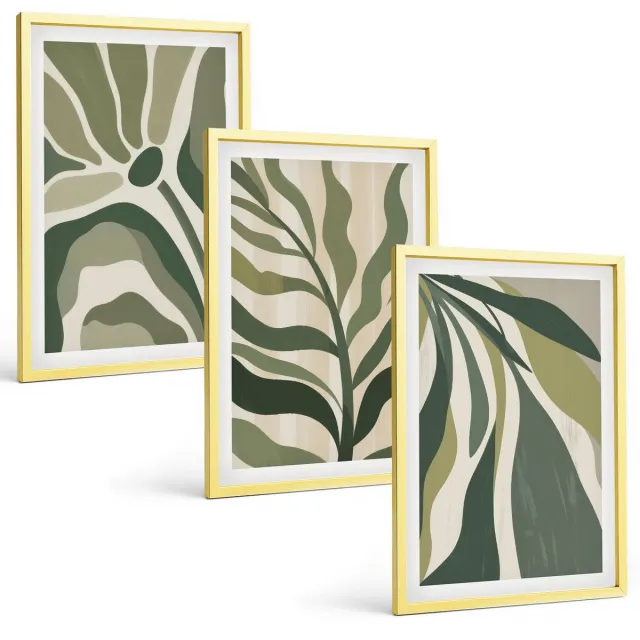 TULUP 4-Delige Schilderij Set - Geschilderde illustraties van bladeren in verschillende tinten groen. - 40 x 60 cm - Wanddecoratie - Schilderijen Set - Interieur Gouden lijst