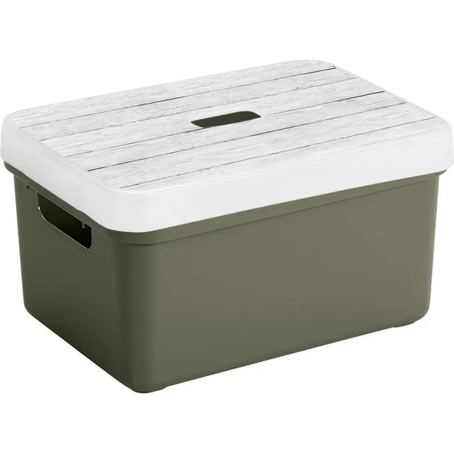 Sunware opslagbox - 13 liter - donkergroen - kunststof - 35 x 25 x 18 cm - met afsluitbare deksel in houtnerf print