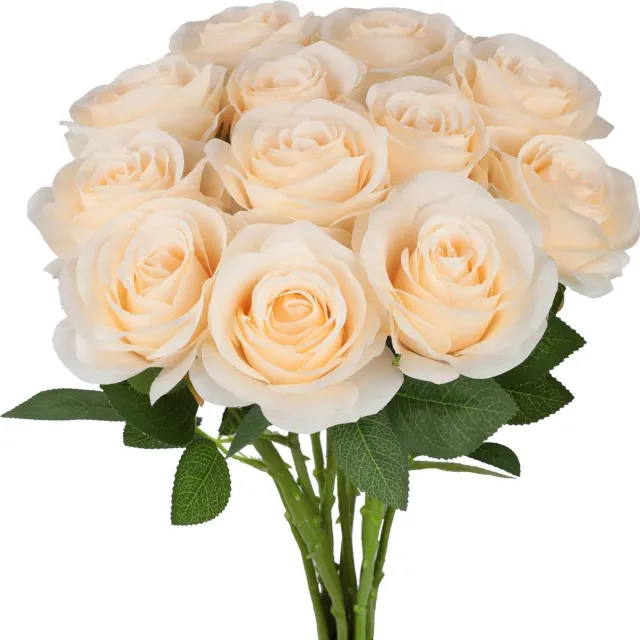 Gotrays 10 stuks rozen kunstbloemen nep zijden roos bloemen realistische enkele stengel bloem boeket voor bruiloft feest kantoor woondecoratie (Champagne)