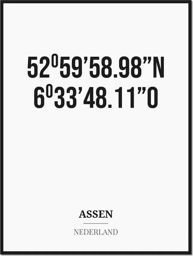 Studio216 Poster/kaart ASSEN met coördinaten zwart, wit