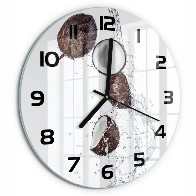TULUP Wandklok - Kokosnoot met water Moderne Wandklok Glas - fi30 cm - Bruin Wandklok Glas Decoratie - Zwarte handen - Ronde Klok - Glazen Wandklok Design - Klok Glas Met Opdruk