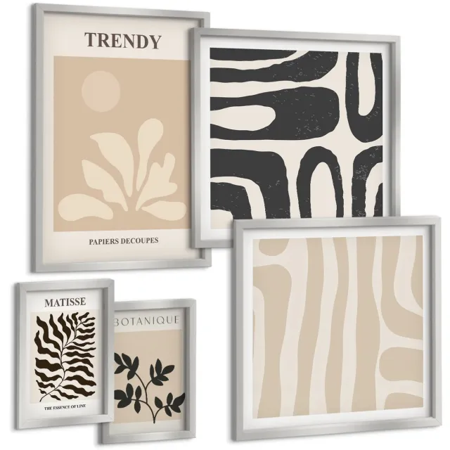 TULUP 4-Delige Schilderij Set - Stijlvolle plantmotieven en geometrische decoratieve vormen - 50 x 50 cm, 20 x 30 cm en 40 x 60 cm - Muurdecoratie - Schilderijen Set - Woonkamer - Woonkamer Decoratie Zilveren lijst