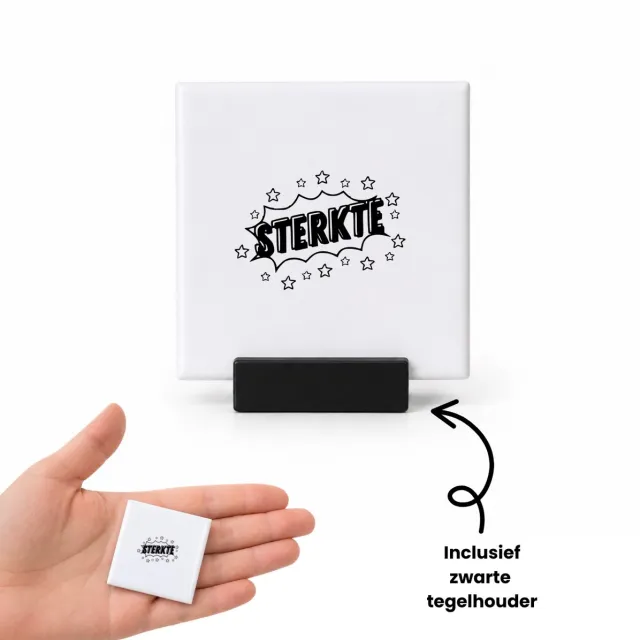 Hacebo Sterkte tegeltje met tegelhouder - Beterschap - Familie vrienden - tegeltjes met tekst - Cadeau - spreuktegels - 4.8x4.8 CM Wit