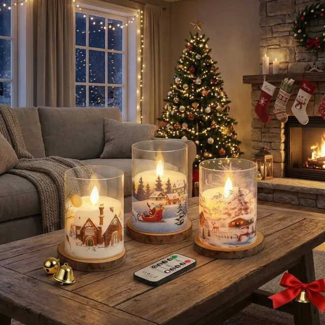 CNLSight Set van 3 LED Kerstkaarsen – Acryl Kaarsen met Kerstprint & afstandsbediening – Ø 7,5 cm x H 15 cm – Sneeuwhuis, Kerstman, Rendier – Batterij LED Kaarsen voor Kerstdecoratie
