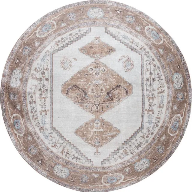Veer Carpets Vloerkleed Karaca Brown 08 Rond ø200 cm - Laagpolig Vloerkleed – Vintage / Klassiek Design Bruin