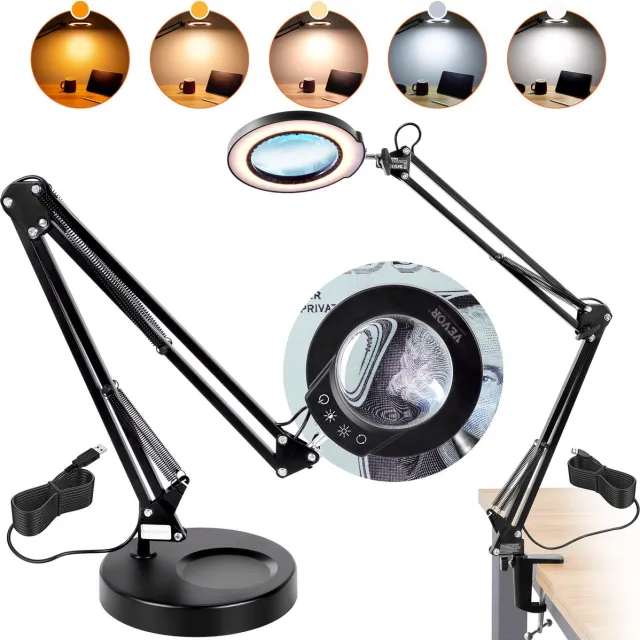 Bramboo Bureaulamp LED - Loeplamp - Bureau lamp - Staande looplamp - Werkpleklamp - Touch control - Met standaard - 5x Vergroting - 5 Kleuren dimmen - 110 mm lens Zwart