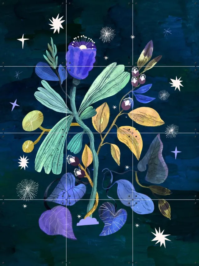 IXXI Spring Flowers Awakening, Lena Addink - 60 x 80 cm - Grote wanddecoratie en posters - Speels, Kleurrijk, Fantasierijk, Illustraties, Art Nouveau Groen / Paars / Blauw