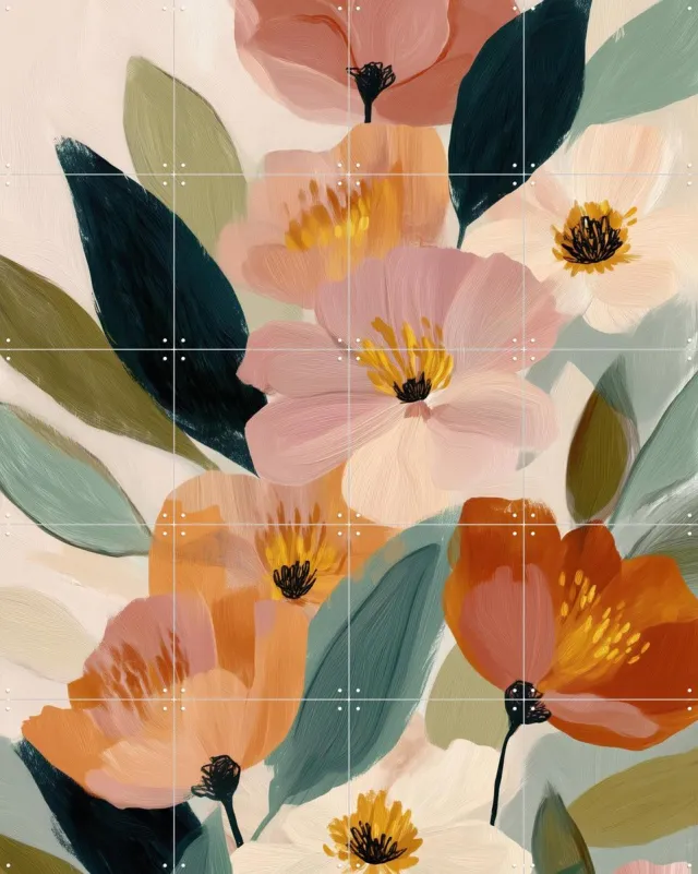 IXXI A Quiet Bloom, Branka Kodžoman - 80 x 100 cm - Grote wanddecoratie en posters - Schilderijen, Kwaststreken, Modern, Slaapkamer, Woonkamer Roze / Oranje / Groen