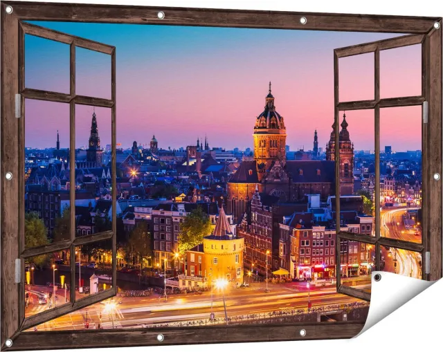 Gards Tuinposter Doorkijk Amsterdam Skyline bij Zonsondergang - 120x80 cm - Tuindoek - Tuindecoratie - Wanddecoratie buiten - Tuinschilderij Donker bruin