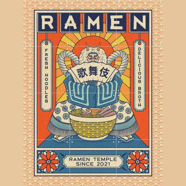 IXXI Ramen Temple Kabuki, Ryan Ragnini - 60 x 80 cm - Grote wanddecoratie en posters - Pop art, Illustraties, Grafisch Ontwerp, Kleurrijk, Ukiyo-e Rood