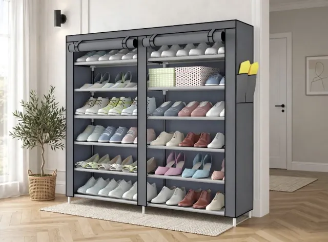 retoo schoenenkast grijs 120x30x110cm - XL Schoenenrek 12 Laags voor 40 schoenen - Stoffen schoenenkast met hoezen - Metaal