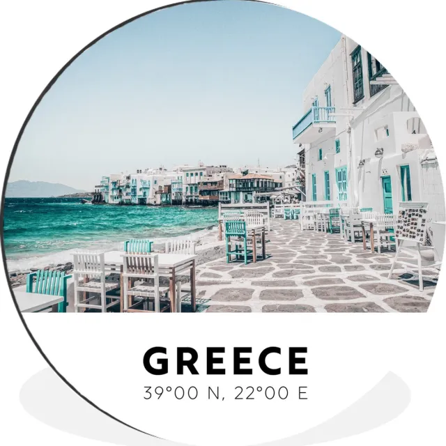WallCircle Wandcirkel - Muurcirkel - Griekenland - Zee - Terras - Aluminium - Dibond - 60x60 cm - Binnen en Buiten Multicolor