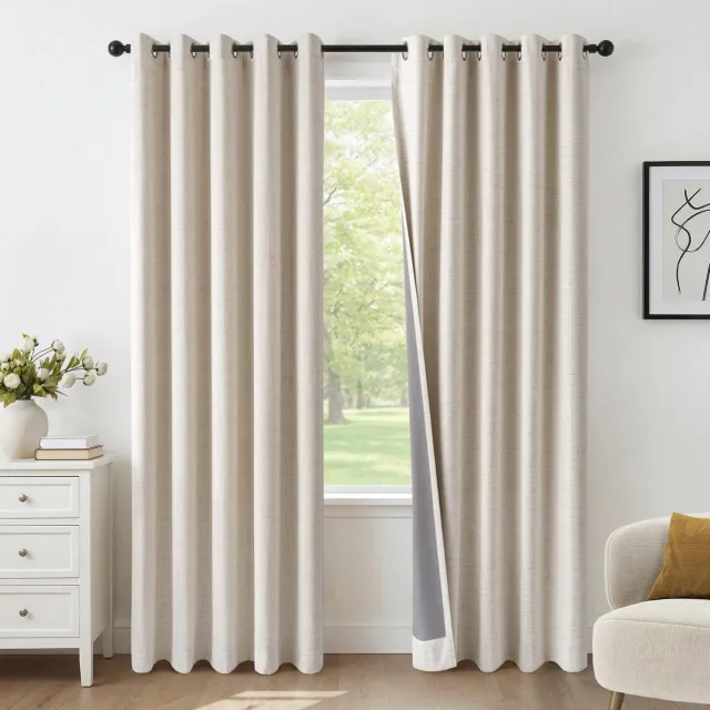 Famanu Set van 2 100% verduisterende gordijnen met gaten van 140 x 260 cm, linnenlook, thermisch en ondoorzichtig, beige gordijnen voor woonkamer en slaapkamer