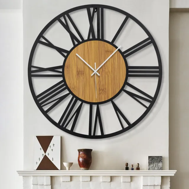 ‎HAITANG HAITANG 80 cm ronde houten wandklok zwart voor woonkamerdecoratie, vintage stijl Romeinse cijfers stille, niet-tikkende hangklokken voor huis, tuin, kantoor, café, kamerdecoratie
