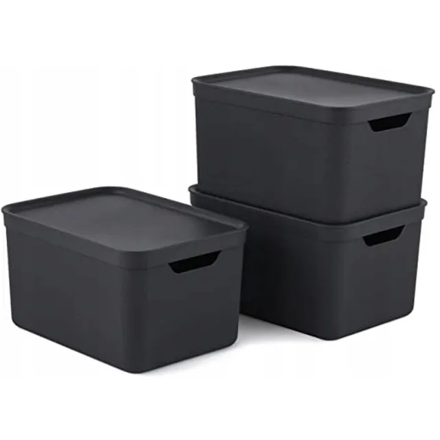 Rotho Jive opbergboxen set van 3 opbergdozen 16 l met deksel, kunststof (PP gerecycled), zwart/antraciet, 3x16 (35 x 25 x 20 cm)