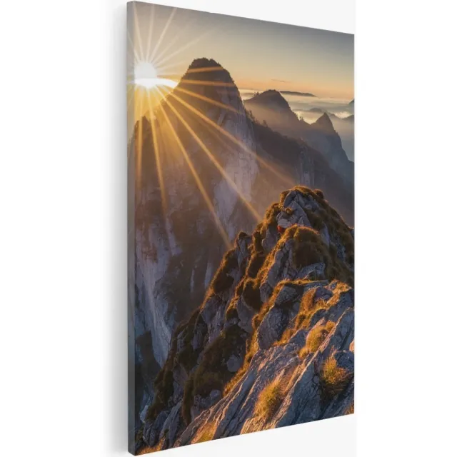 Saammp Canvas Schilderij -Bergtoppen met zonsopgang - Landschap - Natuur - 80x120 - Foto op canvas - Wanddecoratie - Muurdecoratie Woonkamer - Slaapkamer decoratie - Canvas Print Multicolor