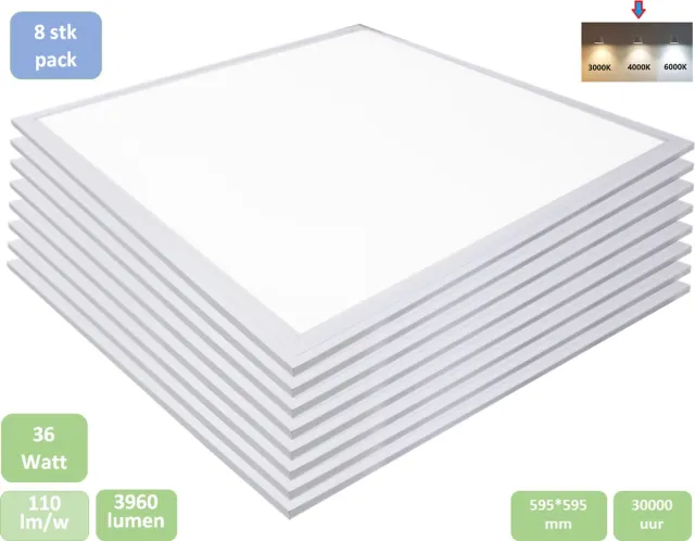 TulpLux 8pcs - LED paneel 60x60 cm - 36w 4000k (neutraal wit) - 3960lm