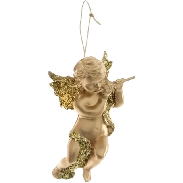 Decoris Gouden engel met dwarsfluit kerstversiering hangdecoratie 10 cm Goudkleurig