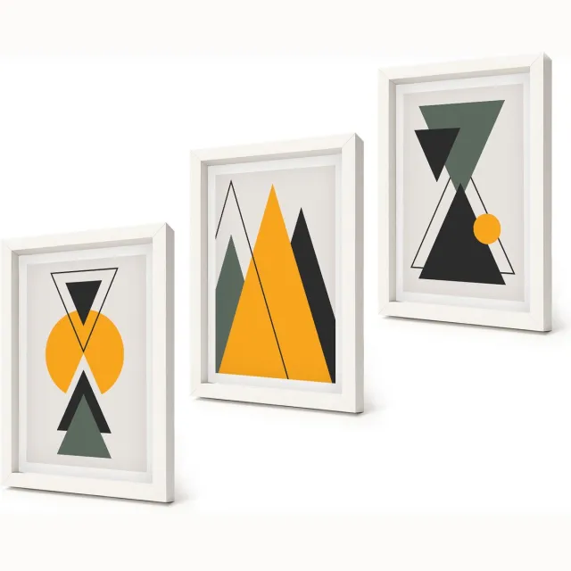 Coloray 3-Delige Schilderij Set - Abstracte geometrische vormen - 20x30 - Muurdecoratie - Schilderijen Set - Woonkamer - Decoratieve Schilderijen Witte lijst