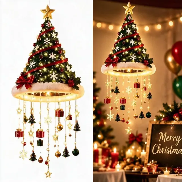 KZQ Verlichte kerstboom hanger 50 cm - Kerstwindgong met warmwitte verlichting, hangende sterren, sneeuwvlokken en cadeautjes - Stoffen kerstdecoratie voor raam en woonkamer - Werkt op 2 AA batterijen, niet inbegrepen