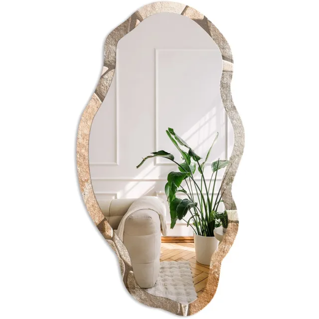 Coloray Mozaïek Van Steen Spiegel - Bruin Elegante Rechthoekige Wandspiegel - Organische Spiegel - Hal, Woonkamer, Kantoor - Rustiek - 45x90 cm - Totale afmeting 52x97 cm SteenmozaïekPatroon, Bruin