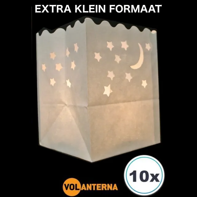 Volanterna 10x Kleine Candle Bags MAAN EN STERREN – Hoogte 12 cm – Bodem 10x10 cm – Mini Lichtzakken – Brandvertragend Papier – Voor Feest, Rustmoment, Herinnering – Candlebag wit