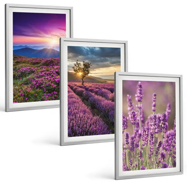TULUP 4-Delige Schilderij Set - Landschap met lavendelvelden en zonsondergang - 40 x 60 cm - Decoratieve Schilderijen - Wanddecoratie - Hal Zilveren lijst