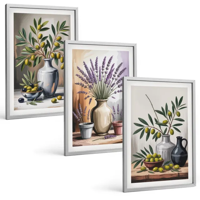 Coloray 3-Delige Schilderij Set - Bloemen En Olijven In Vazen ​​Op Een Lichte Achtergrond - 40 x 60 cm - Decoratieve Schilderijen - Woonkamer - Interieur - Stijlvolle Muurdecoratie Zilveren lijst