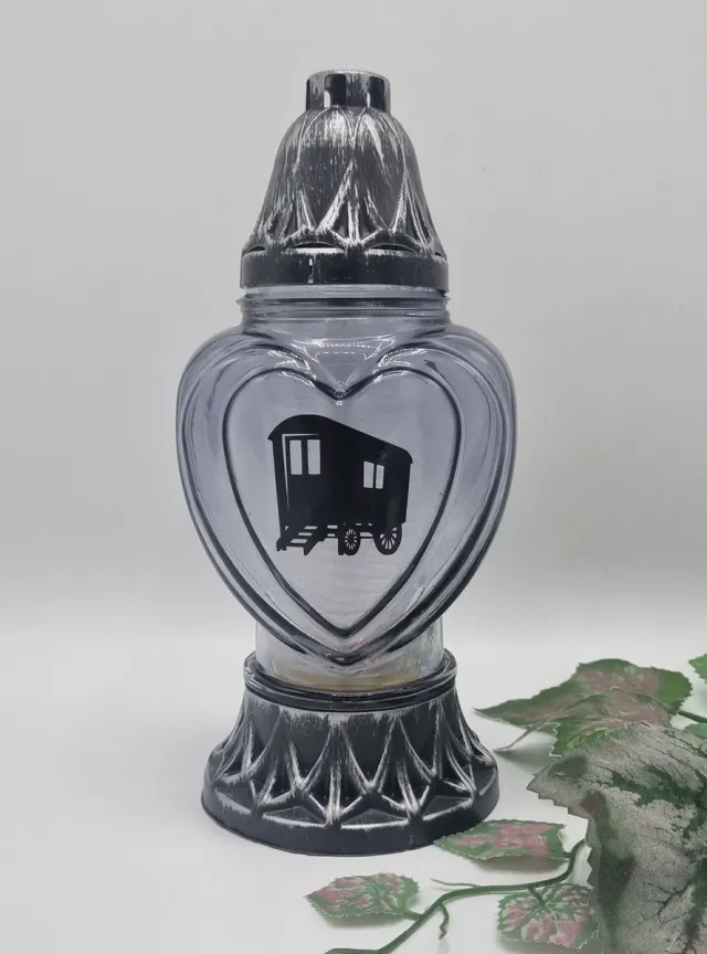 Herdenkingslichtjes.nl Herdenkingslicht - P39 - Grijs glas - Woonwagen - Grafkaars – Graflicht – Graflantaarn