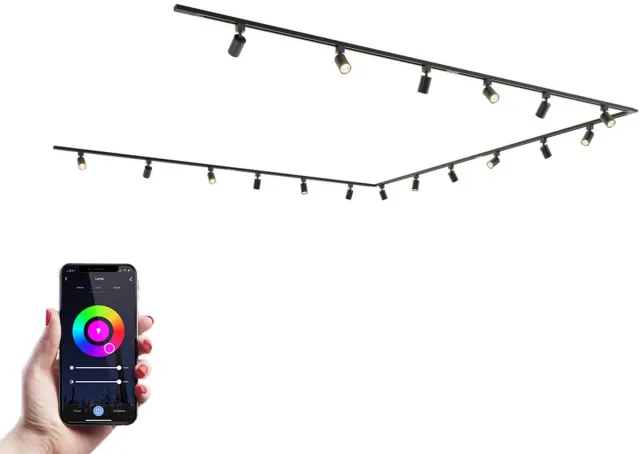 HOFTRONIC railverlichting pakket U-vorm – 6x 1,5 meter rail – 18 RGBWW GU10 railspots – dimbaar via app – aluminium zwart – IP20 – modulair – 230V – smart track lights woonkamer keuken