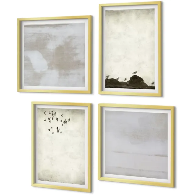 Coloray 4-Delige Schilderij Set - Vliegende zwerm vogels, industriële texturen - 40 x 40 cm en 40 x 60 cm - Schilderijen Set - Wanddecoratie - Woonkamer - Muurdecoratie Gouden lijst
