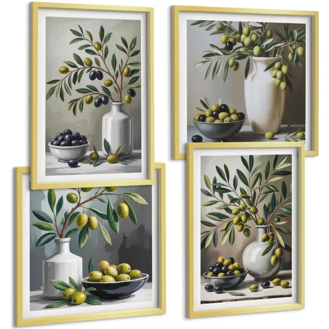 TULUP 4-Delige Schilderij Set - Olijven in keramische schalen op een grijze achtergrond - 40 x 40 cm en 40 x 60 cm - Wanddecoratie - Moderne Interieurdecoratie - Decoratieve Schilderijen Gouden lijst