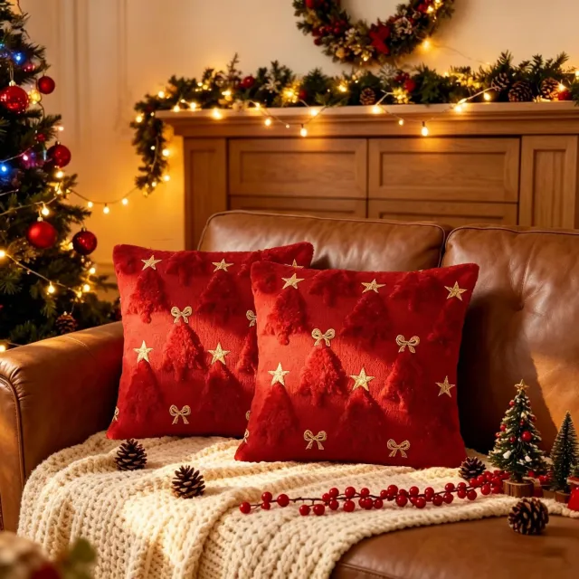 FLITI Kerst Kussenhoes - Geborduurde Sierkussenhoes met Kerstboom Design - Zachte Kerstdecoratie voor Bank en Woonkamer - Zonder Binnenkussen - 45x45 cm - Rood - Set van 2
