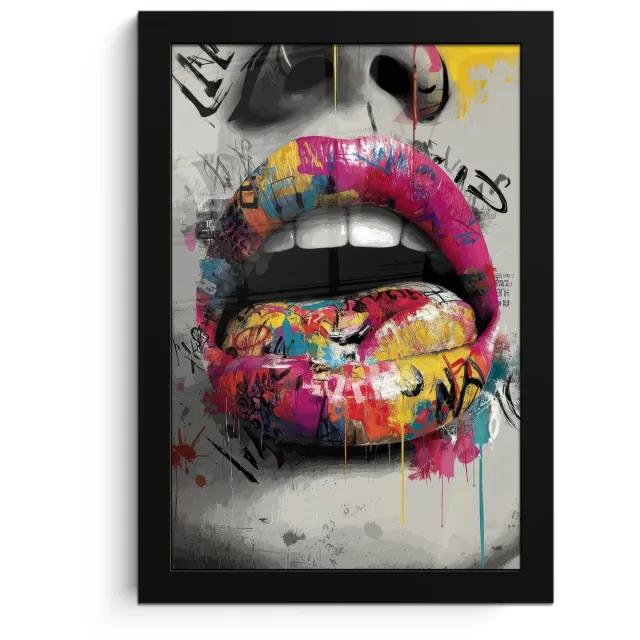 FrameYourWall Poster in lijst - Fotolijst 20x30 cm - Posters - Lippen - Graffiti - Expressief - Posterlijst zwart - Decoratie - Wanddecoratie woonkamer - Muurdecoratie slaapkamer