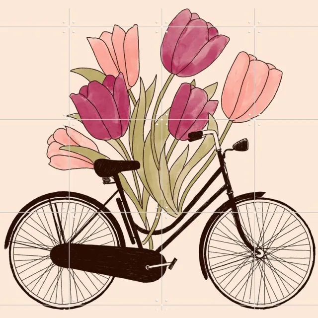 IXXI Bicycle Cities Amsterdam, Florent Bodart - 80 x 100 cm - Grote wanddecoratie en posters - Speels, Aquarel, Vintage, Illustraties, Woonkamer Lichte tinten / Roze