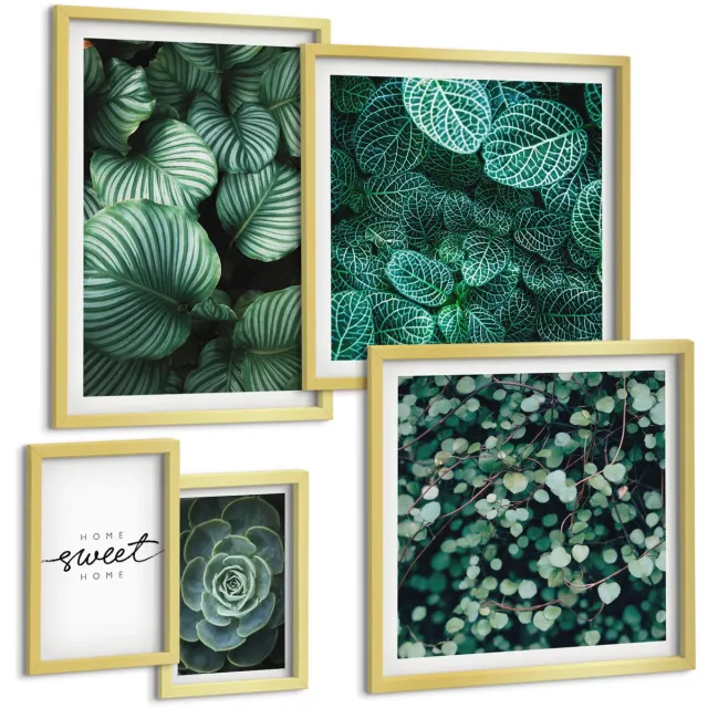 TULUP 5-Delige Schilderij Set - Groene bladeren en planten in een moderne stijl - 50 x 50 cm, 20 x 30 cm en 40 x 60 cm - Decoratieve Schilderijen - Wanddecoratie - Hal - Moderne Wanddecoratie Gouden lijst