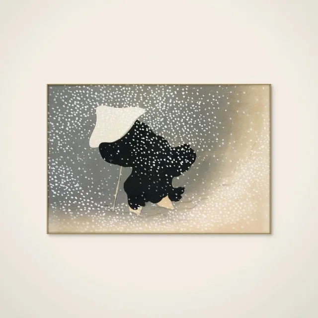 HelloWalls Akoestisch schilderij - 120 x 80 cm - Snow from Momoyogusa van Kamisaka Sekka - Abstracte wanddecoratie - goud textielframe