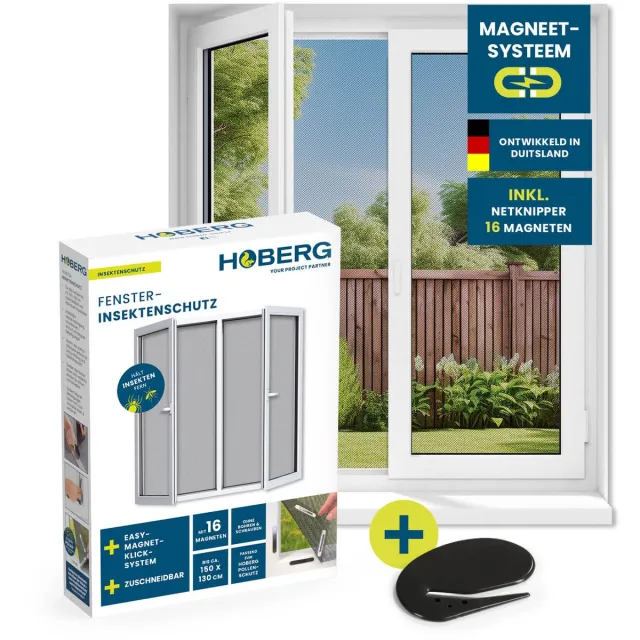 Hoberg vliegenhor met innovatieve magnetische bevestiging | Vliegenhor tot 150 x 130 cm, op maat te knippen, boren of schroeven niet nodig | Vliegenhor bevestigen met 16 magneten, zwart, 1 stuk