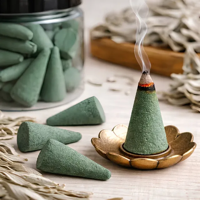 Nalovi Witte Salie Wierook Geurkegels - 50 Stuks - In Luxe Bewaarpot - Ontspanning & Sfeer - Voor Meditatie, Yoga & Wellness in Huis Groen