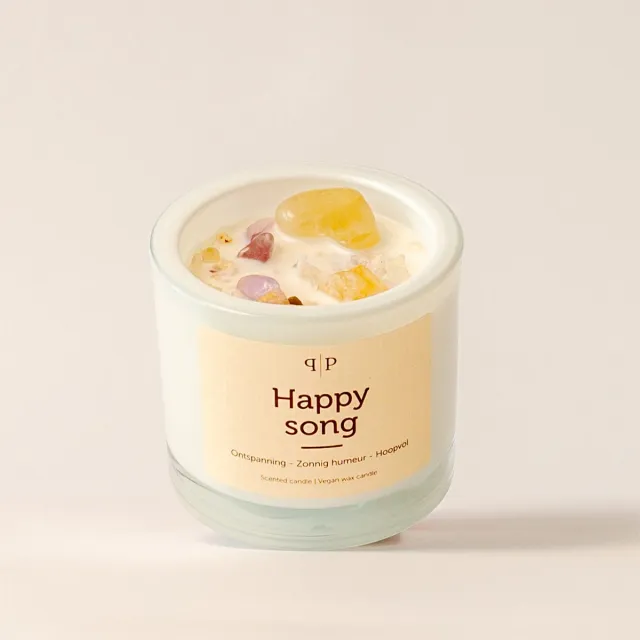 Pottie Pot Themakaars Happy Song - Edelsteen Geurkaars - Ontspanning - Zonnig Humeur - Hoopvol - Parfum - Kaars - Cinnamon - Lavender - Cedarwood Wit