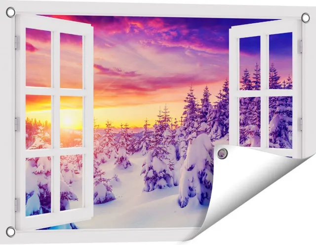 Gards Tuinposter Doorkijk Zonsondergang in het Sneeuw Bos - 60x40 cm - Tuindoek - Tuindecoratie - Wanddecoratie buiten - Tuinschilderij Wit