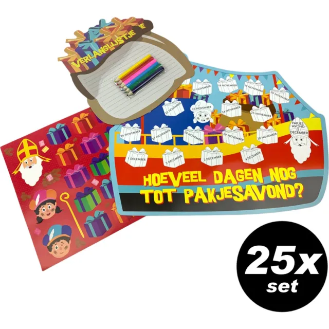 PartyFX 25x Sinterklaas Set met aftelkalender, stickers, kleurplaat, kleurpotloden en verlanglijstjes - uitdeelcadeautjes Multicolor